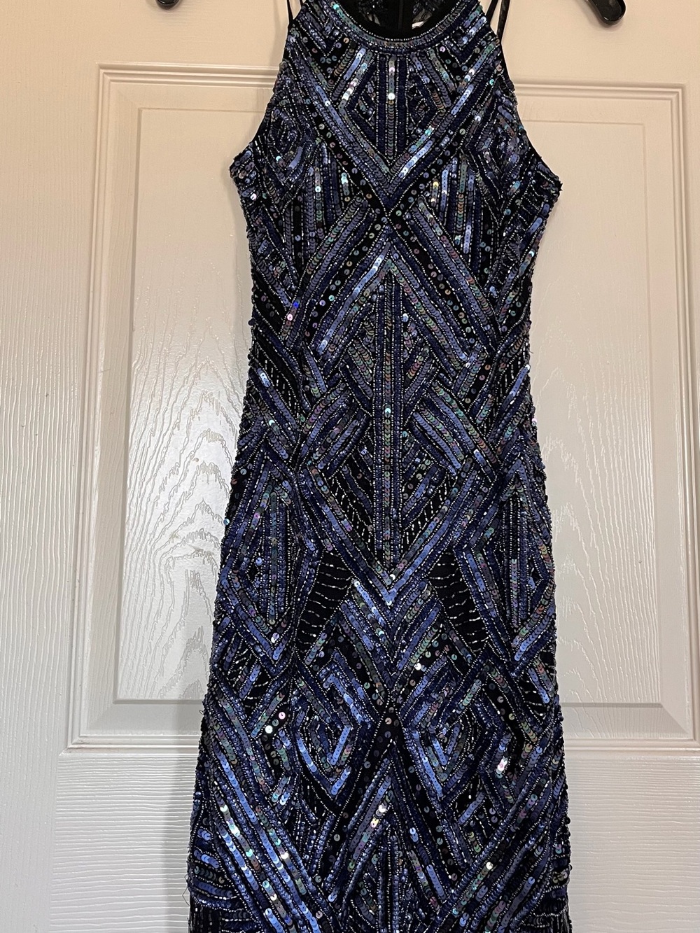 Parker Beaded Navy and Iridescent Sequin Halter Dress